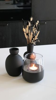 two black vases with plants in them on a white countertop next to each other