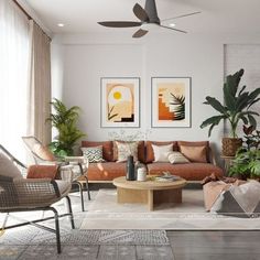 a living room filled with furniture and plants