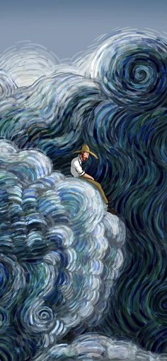 a painting of a man riding on top of a wave in the ocean with his surfboard