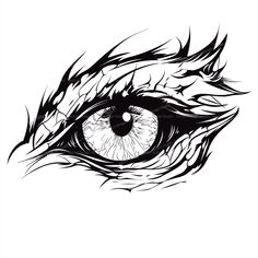 an eye that is drawn in black and white with flames coming out of the iris