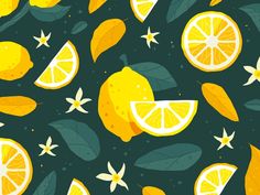 a bunch of lemons and leaves on a green background with yellow stars in the middle