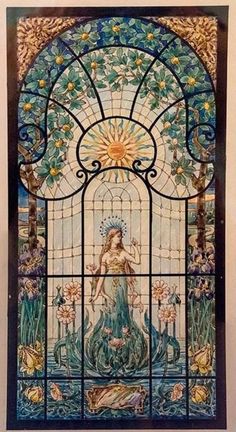 a stained glass window with an image of a woman in the water and flowers on it