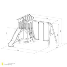 a drawing of a swing set with stairs and a wooden structure in the center,