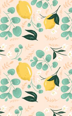 a pattern with lemons, leaves and flowers on a light pink background for wallpaper