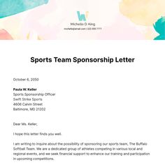 a letter from the sports team sponsor