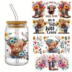 a glass jar with a cow and flowers on it