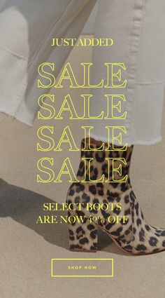 a woman in white pants and leopard print booties with the words sale sale sale select boots are now 50 % off