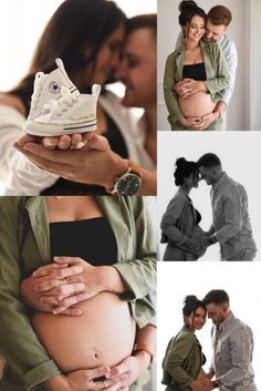 a pregnant woman is holding her husband's shoe while he holds his belly in the air