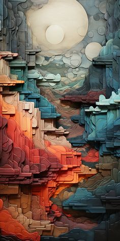 an abstract painting with many different colors and shapes on it's surface, including rocks