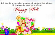 two teddy bears hugging each other in front of a flower field with the words happy holi on it