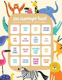 the zoo scavenger hunt poster is shown with animals and birds around it, including zebras