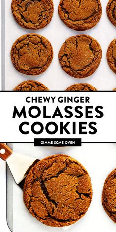 chewy ginger molasses cookies on a baking sheet with the title above it