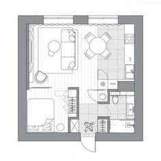 the floor plan for a small apartment with one bedroom and living room, which is divided into two separate rooms