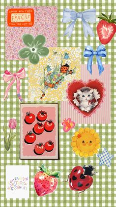 an assortment of cards and magnets on a green checkered tablecloth with ladybug