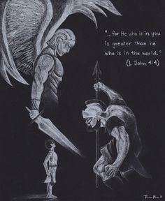 This piece of artwork is an 8x10 print of a white charcoal drawing with a half-inch border. Biblical Artwork, Bible Artwork, David Goliath, Bible Illustrations, Cthulhu Mythos, Christian Pictures, John 4, Bible Motivation, Bd Comics