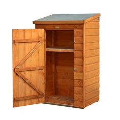 a wooden storage shed with its door open