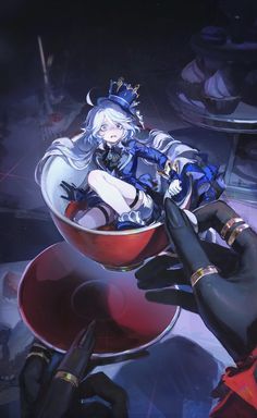 an anime character sitting in a bowl with her feet on the table and hands behind her back