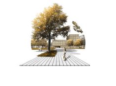 an artistic rendering of a park with trees and benches