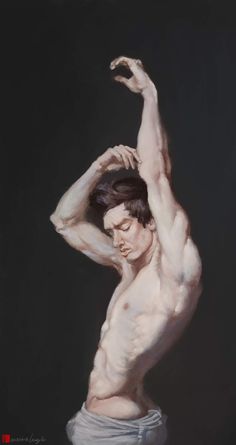 a painting of a man with no shirt on, holding his hands up in the air