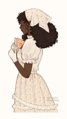 a drawing of a woman in a dress holding a book and wearing a bonnet on her head