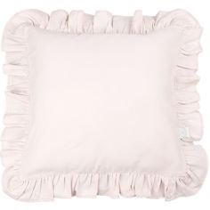 a pink pillow with ruffles on the front and back of it, against a white background