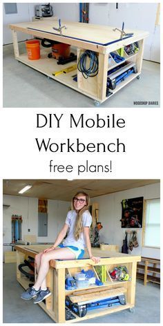 a woman sitting on top of a wooden workbench with the words diy mobile workbench free plans