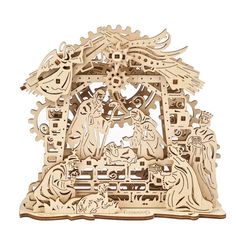 the nativity scene is made out of wood and has been cut into pieces to make it