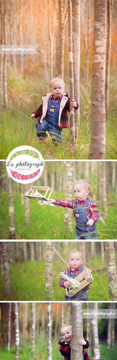 a series of photos showing different stages of playing in the woods