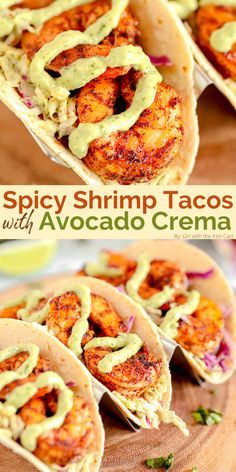 this spicy shrimp tacos with avocado cream is the perfect appetizer to serve