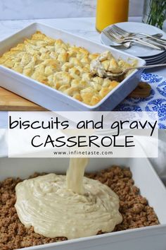 a casserole being poured into a white dish with the words biscuits and gravy in it