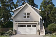 a two car garage with stairs leading up to it