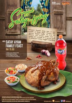 an advertisement for a restaurant with meat and vegetables on the plate, next to a bottle of ketchup