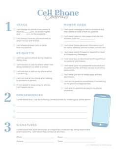 the cell phone checklist is shown in this blue and white printable version, with instructions