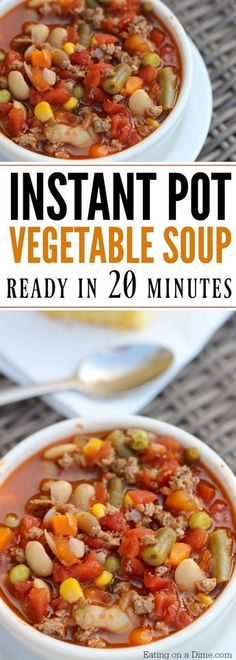 two bowls of instant pot vegetable soup with text overlay that reads instant pot vegetable soup ready in 20 minutes