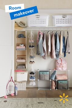 an organized closet with clothes and baskets