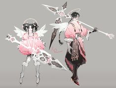 two anime characters are holding swords and wearing pink outfits with white wings on their backs