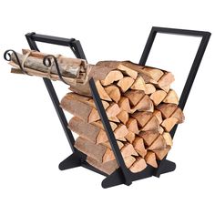 a stack of firewood in a metal holder