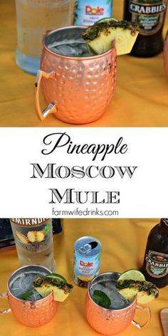 an orange moscow mule cocktail with pineapple in it and two bottles of booze next to it