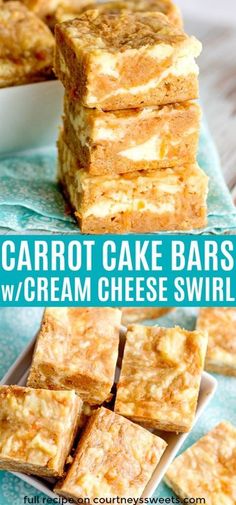 carrot cake bars with cream cheese swirls are stacked on top of each other and ready to be eaten