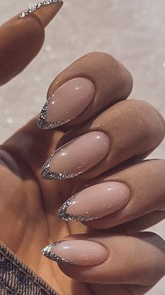 French Tip Silver Acrylic Nails, Silver Sparkly Acrylic Nails, Formal Nail Designs, Nails Champagne, Nails Cream, Nails Charms, Nails Coral, Glitter French Nails, Nye Nails