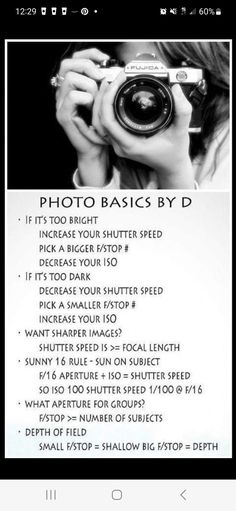 a person holding a camera up to their face with the words, photo basics by d