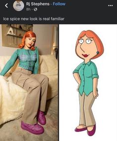 a cartoon character sitting on top of a couch next to an image of a woman with red hair