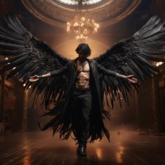 a man with large black wings on his body in front of a chandelier