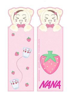 two pink bookmarks with an image of a cat and a strawberry on the cover