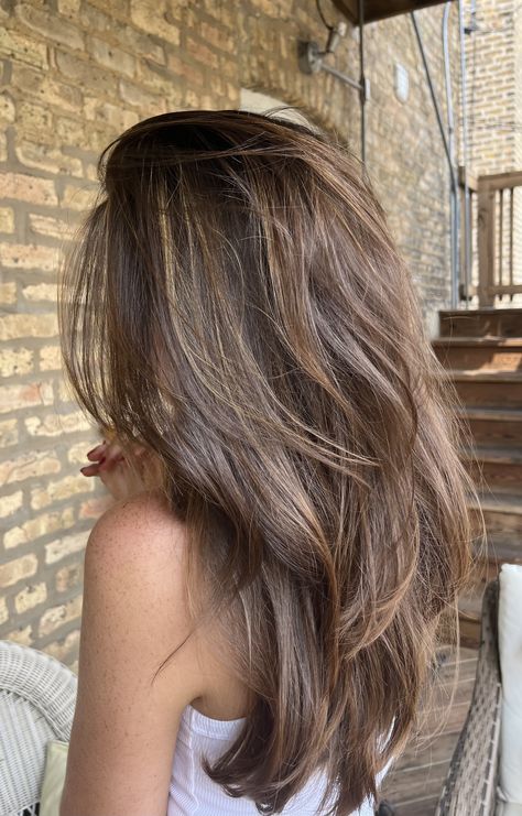 Brunette Hair With Blonde Highlights 90s, Medium Brunette Layers, Highlights On Natural Brown Hair, Brunnete Hair Highlight, Layered Highlights Brown Hair, Blended Brown Balayage, Highlights And Layers Brown Hair, Soft Highlights Brown Hair, Summer Layers Hair