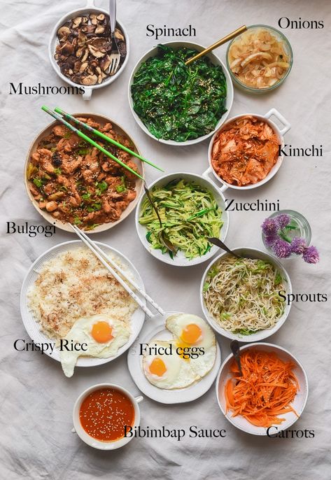 Korean Rice Bowl Bibimbap Recipe, Easy Bibimbap Bowl, Bibimbap Recipe Sauce, Bibimbap Recipe Vegan, Korean Bibimbap Bowls, Sheet Pan Bibimbap, Bip Bap Bowl, Bulgogi Bibimbap Recipe, Bimbimbop Sauce