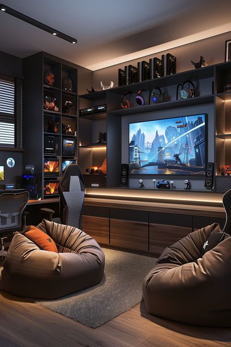 22 Game Room Ideas - Remodr Office And Game Room Ideas, Small Home Game Room, Narrow Game Room Ideas, Modern Video Game Room, Boys Living Room Ideas, Basement Video Game Room Ideas, Man Cave Ideas Gamer, Classy Games Room, Mens Office And Game Room