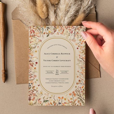 This Vintage Rustic Fall Beige Wedding Invitation design features a timeless neutral base palette of beige and gold with delicately muted colorful embellishments of golden branches and lovely autumn florals with softly falling leaves in red, copper, dusty rose, burnt orange, terracotta, and the full fall color flourish. These botanical elements are paired with simple traditional minimal black typography to create a presentation that is polished with a delightful touch of whimsy. This design suit Lingerie Shower Invitations, Autumn Florals, Colorful Wedding Invitations, Orange Terracotta, Monogram Invitation, Autumn Invitations, Black Typography, Bridal Brunch Invitations, Beige Wedding