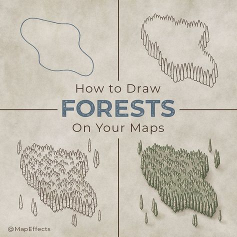 How to Draw Forests Fantasy Land Map Drawing, How To Draw Trees On A Map, How To Draw Forest Trees, Fantasy Map Forest, Old Map Drawing, Rice Fantasy Map, Map Trees, Ako Kresliť, The Hundred Acre Wood