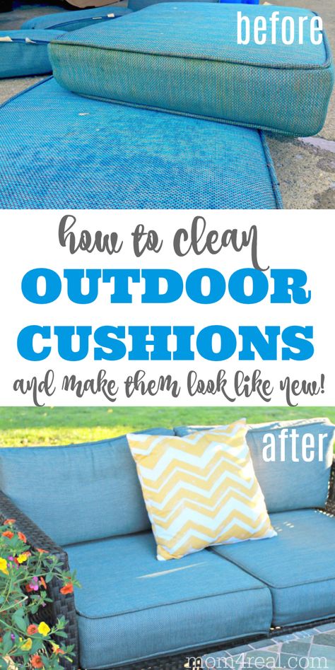 Are your patio furniture cushions dirty or mildewed after sitting outside over the fall and winter seasons? Let me show you How to Clean Outdoor Cushions within minutes without having to scrub them. You don't need any special cleaner, and your patio cushions will look like new again! Outside Cushions, Clean Outdoor Furniture, Cleaning Outdoor Cushions, Clean Patio, Patio Cushions Outdoor, Sitting Outside, Outdoor Cleaning, Lawn Furniture, Japanese Zen